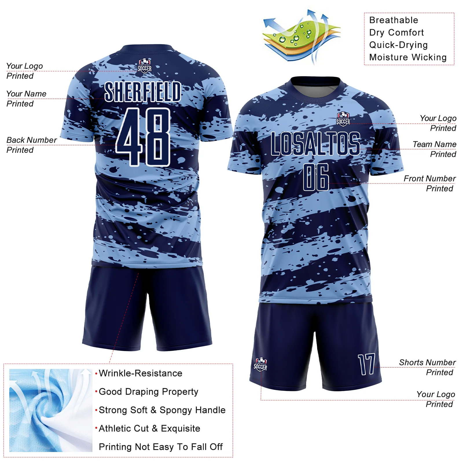Custom Navy Light Blue-White Splash Sublimation Soccer Uniform Jersey - Image 4
