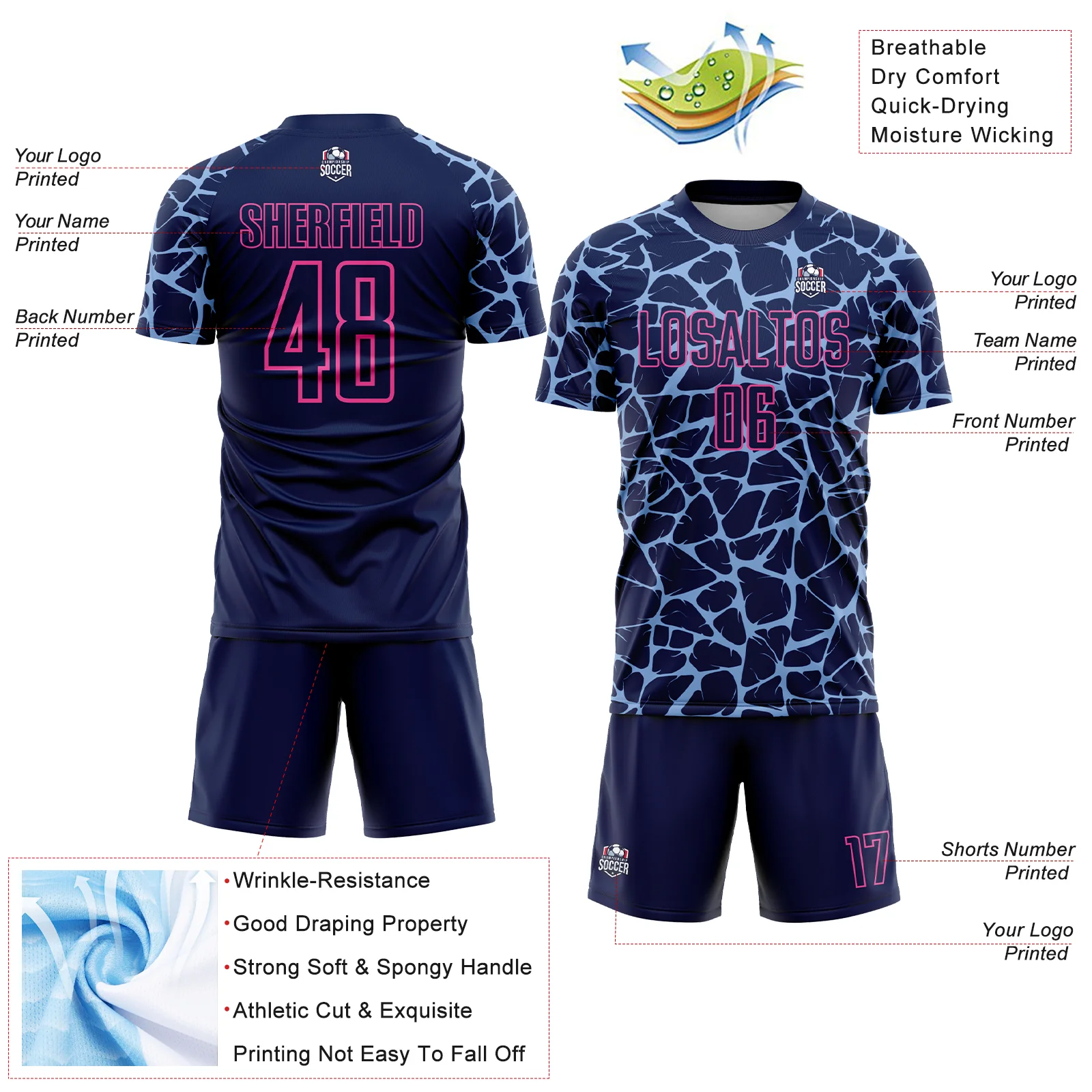 Custom Navy Light Blue-Pink Abstract Network Splash Sublimation Soccer Uniform Jersey - Image 4