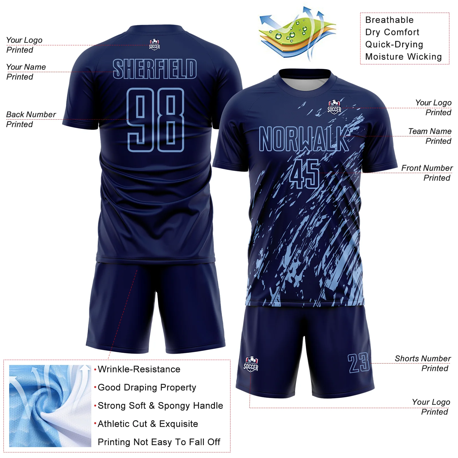 Custom Navy Light Blue Splash Sublimation Soccer Uniform Jersey - Image 4