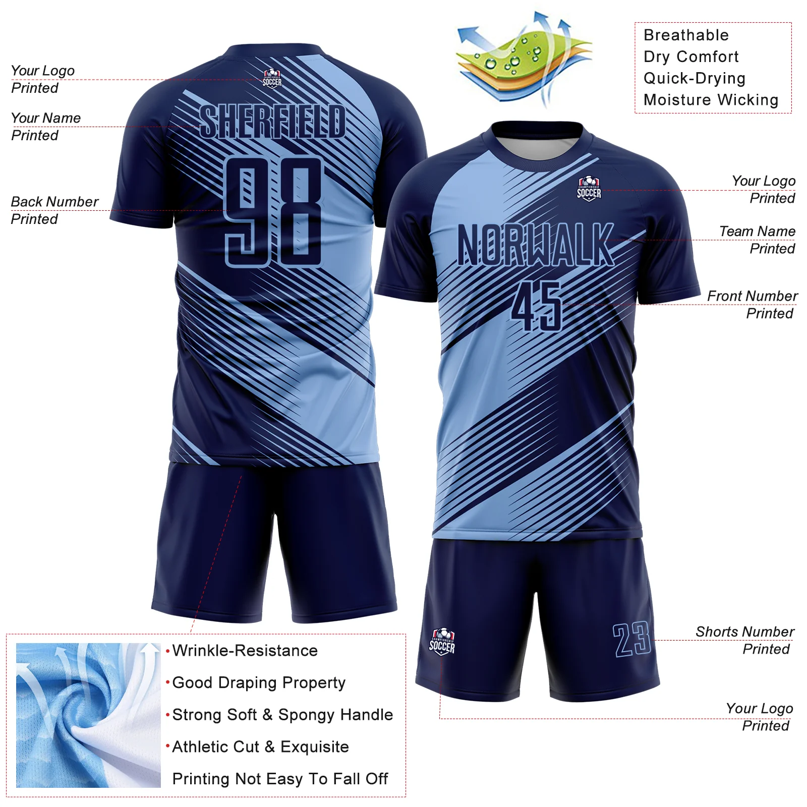 Custom Navy Light Blue Line Sublimation Soccer Uniform Jersey - Image 4
