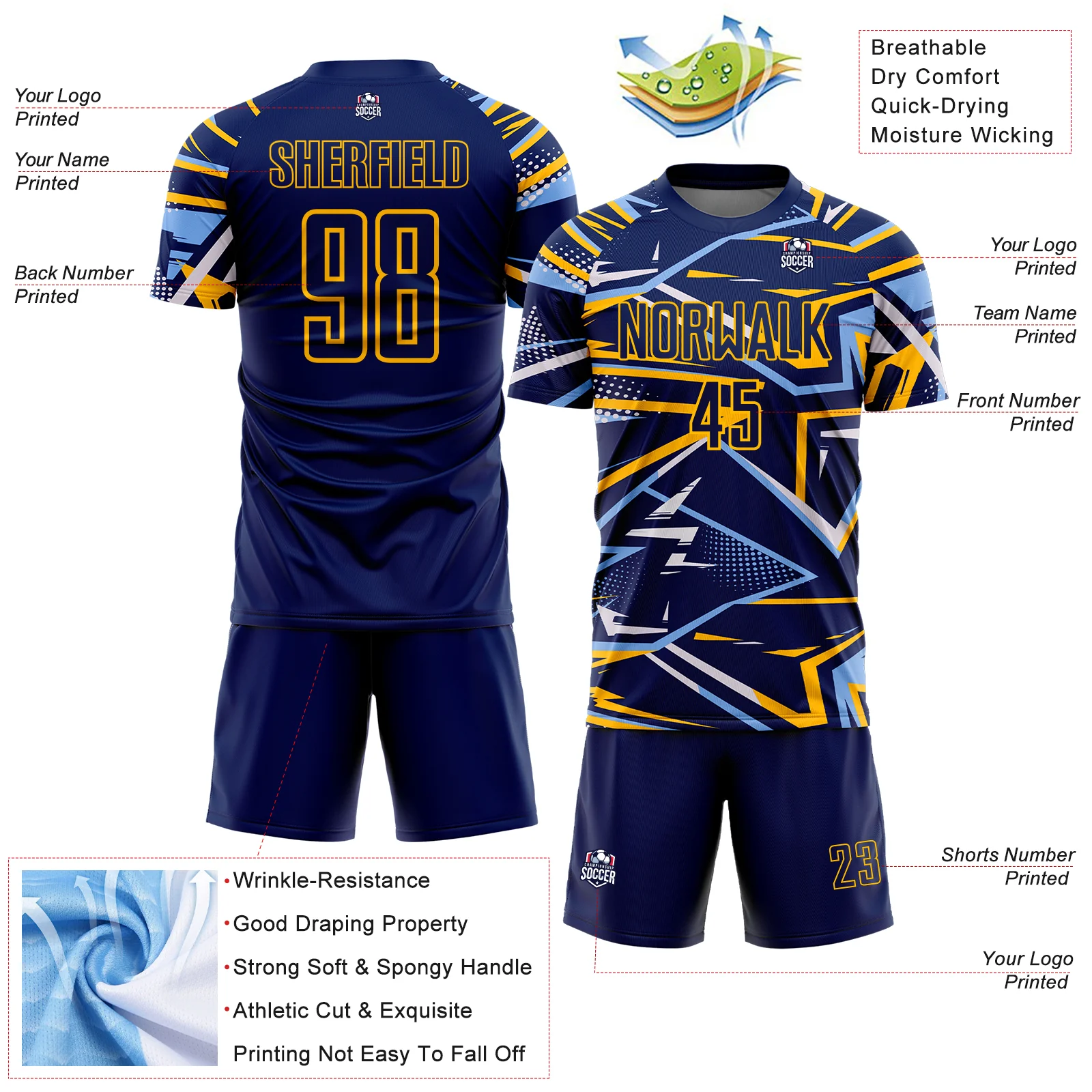 Custom Navy Light Blue Gold-White Abstract Geometric Stripes Sports Sublimation Soccer Uniform Jersey - Image 4