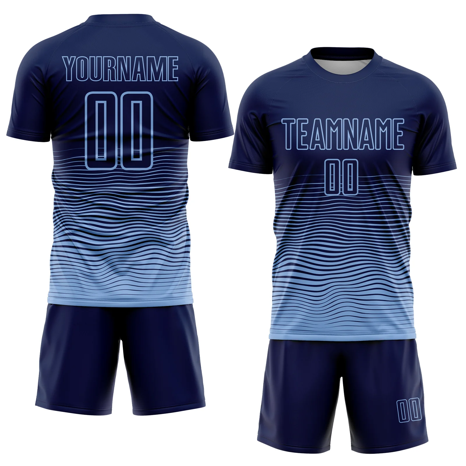 Custom Navy Light Blue Gradient Wave Line Sports Sublimation Soccer Uniform Jersey - Image 2