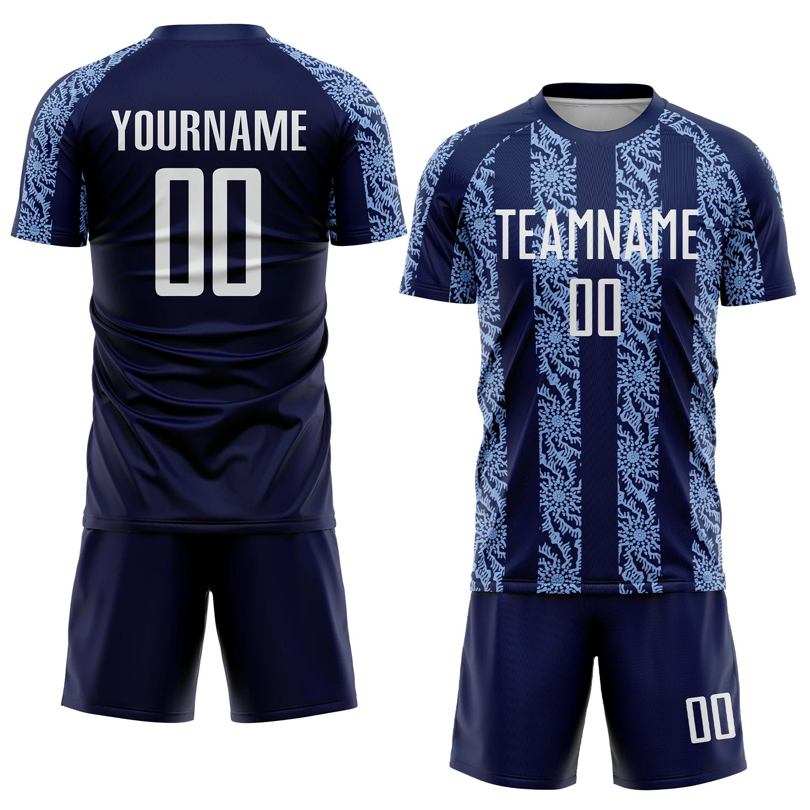 Custom Navy White-Light Blue Abstract Shape Sublimation Soccer Uniform Jersey - Image 2