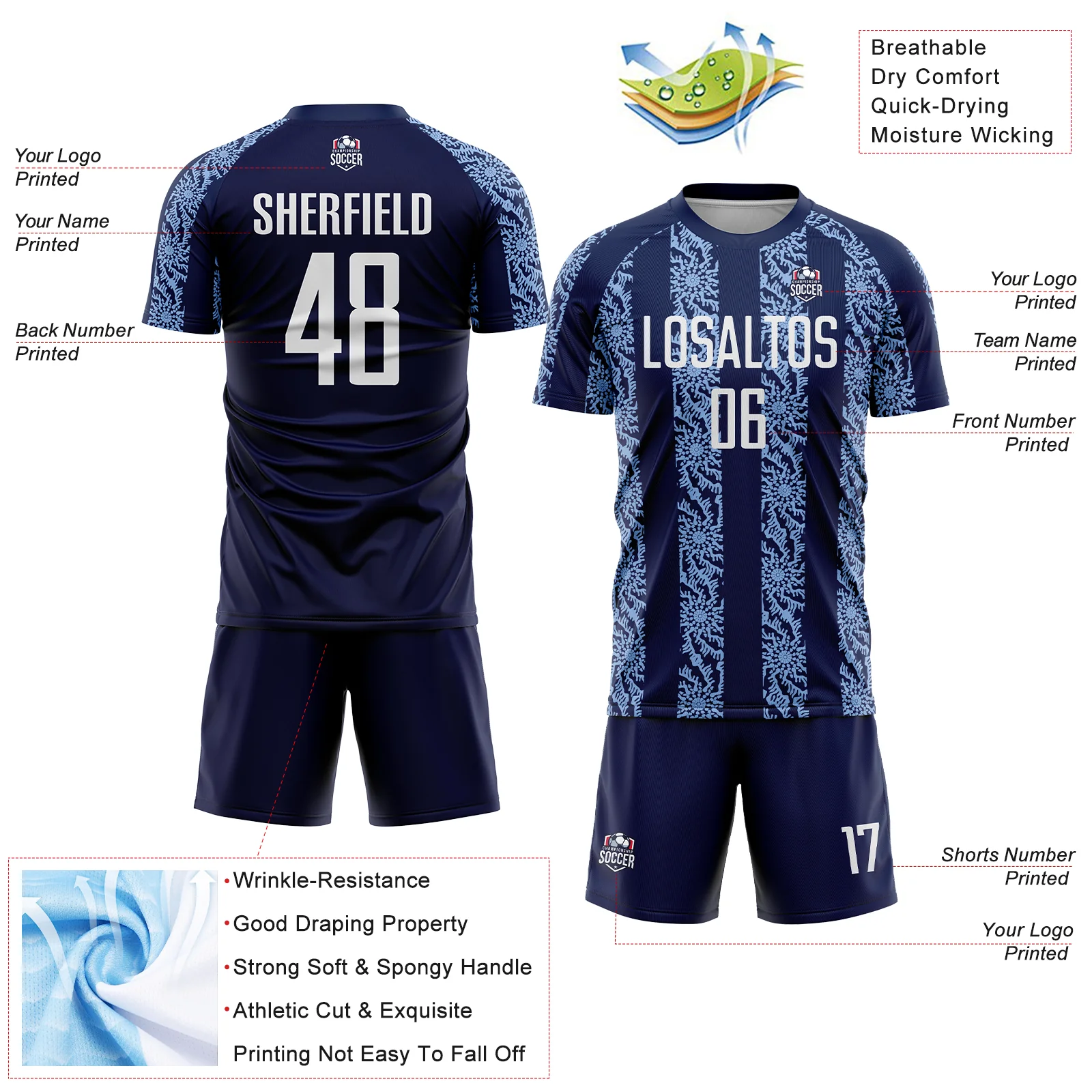 Custom Navy White-Light Blue Abstract Shape Sublimation Soccer Uniform Jersey - Image 4