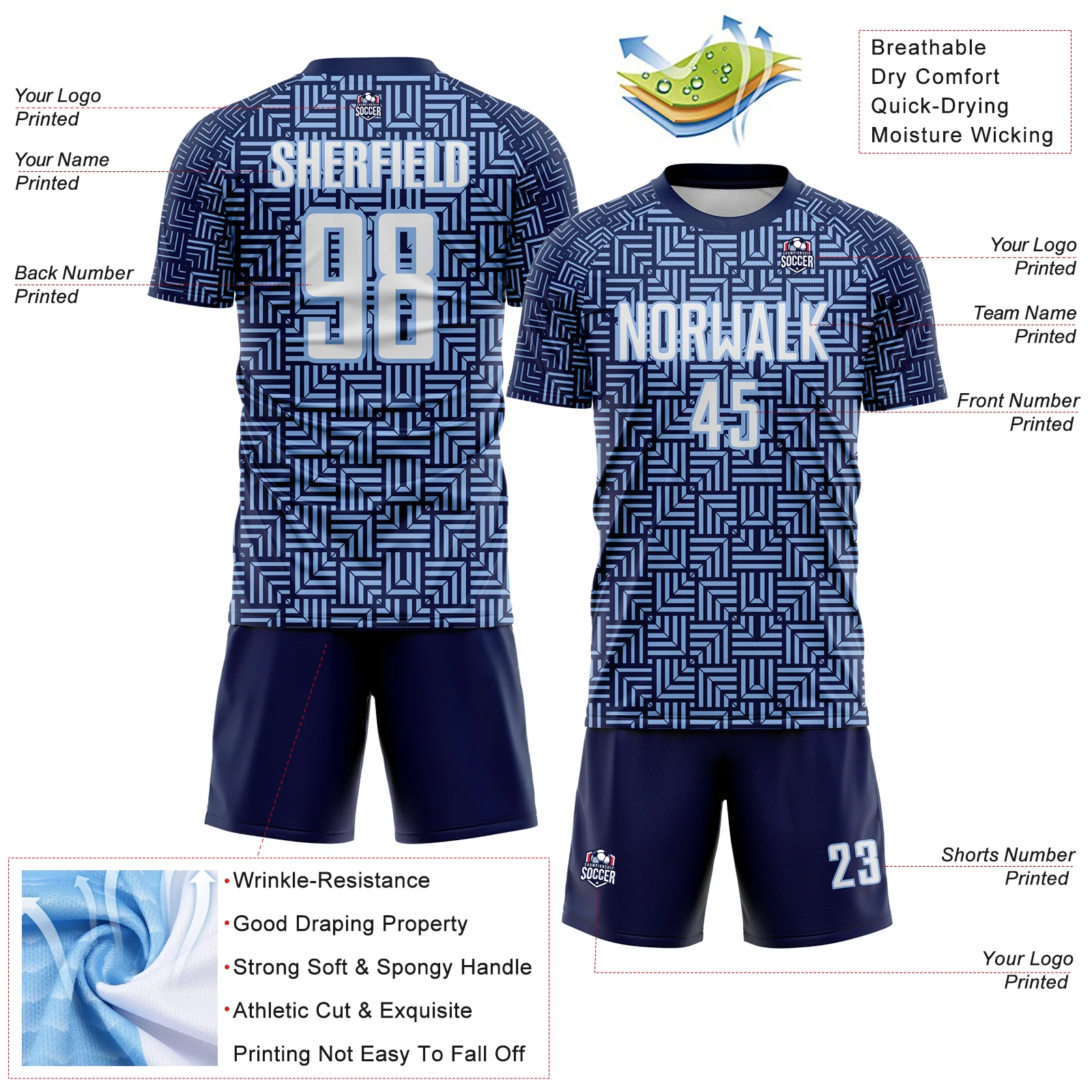 Custom Navy White-Light Blue Geometric Maze Interlocking Square Sports Sublimation Soccer Uniform Jersey - Image 4