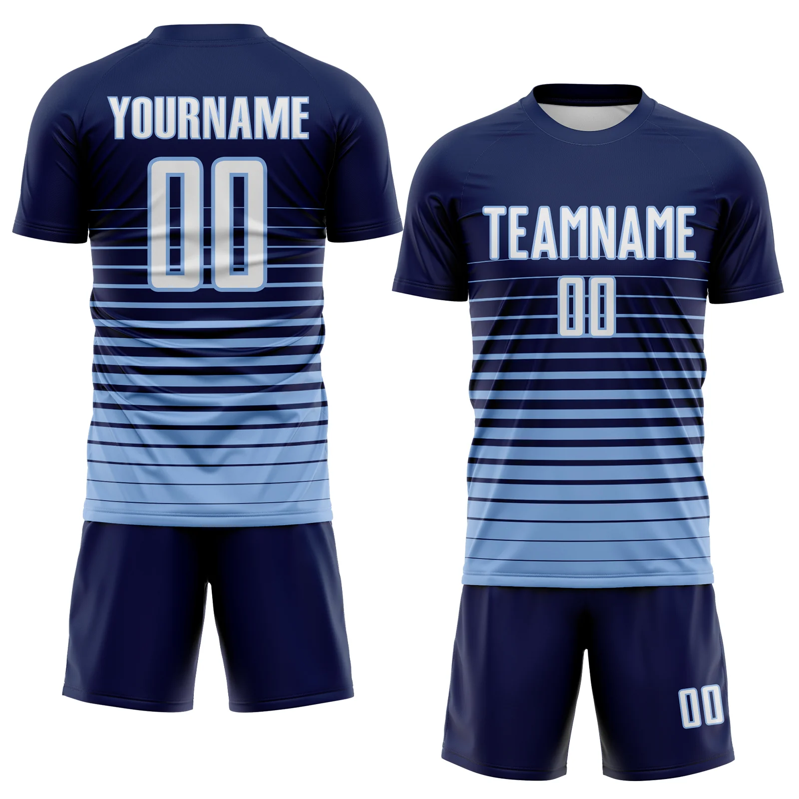 Custom Navy White-Light Blue Gradient Pinstripe Sublimation Soccer Uniform Jersey - Image 2