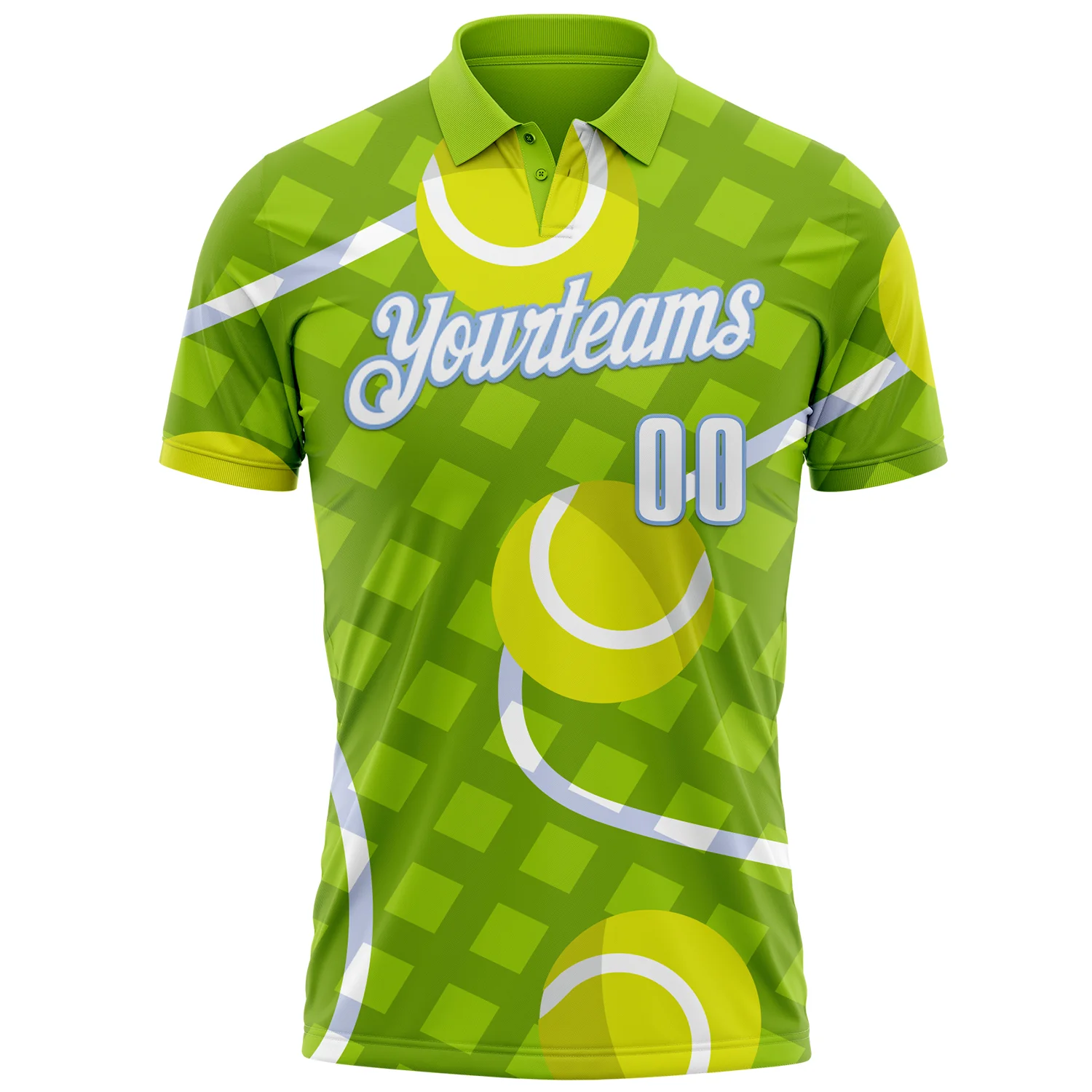 Custom Neon Green White-Light Blue 3D Tennis Performance Polo Shirt - Image 2
