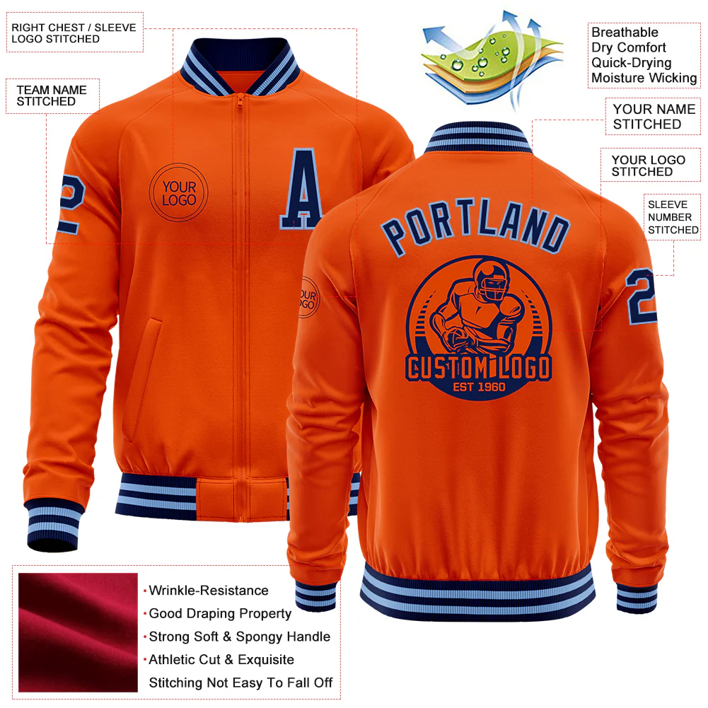 Custom Orange Navy-Light Blue Bomber Varsity Letterman Zipper Jacket - Image 4