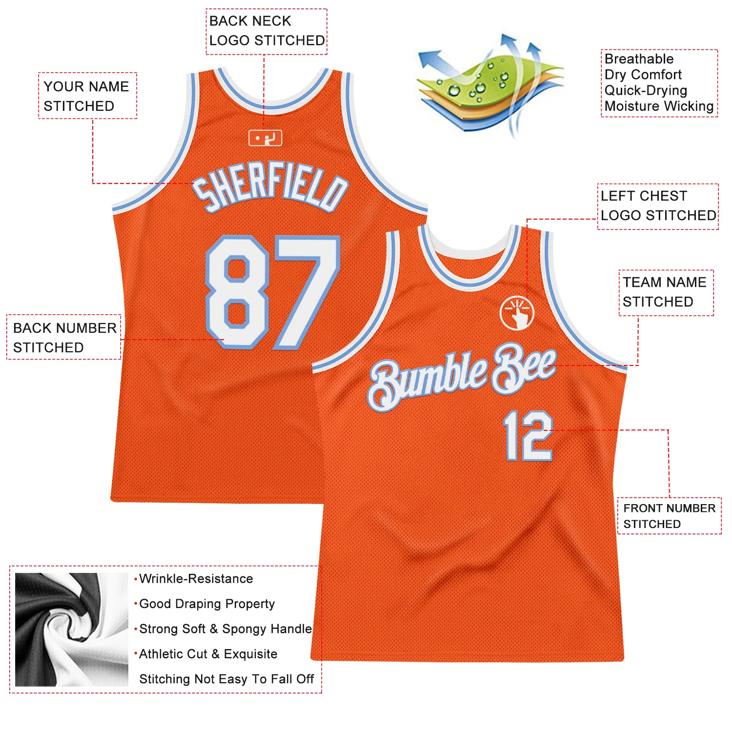 Custom Orange White-Light Blue Authentic Throwback Basketball Jersey - Image 2