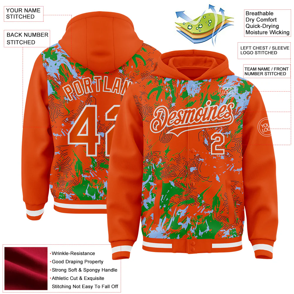 Custom Orange Light Blue Grass Green-White Splash Bomber Full-Snap Varsity Letterman Hoodie Jacket - Image 4