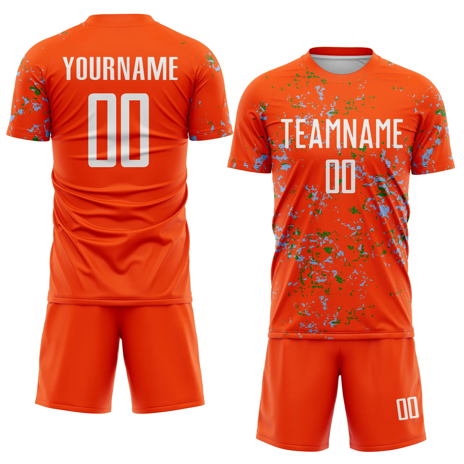 Custom Orange Light Blue-Grass Green Abstract Fragment Art Sublimation Soccer Uniform Jersey - Image 2