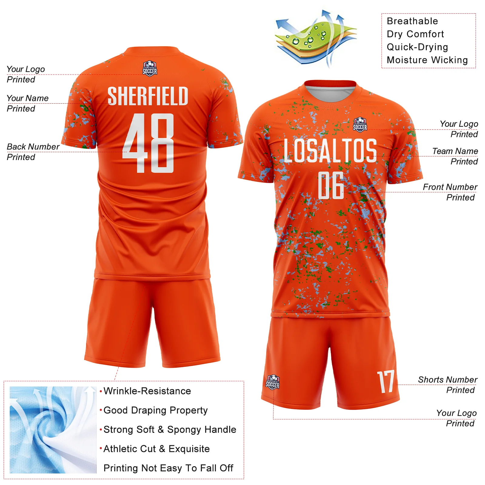 Custom Orange Light Blue-Grass Green Abstract Fragment Art Sublimation Soccer Uniform Jersey - Image 4