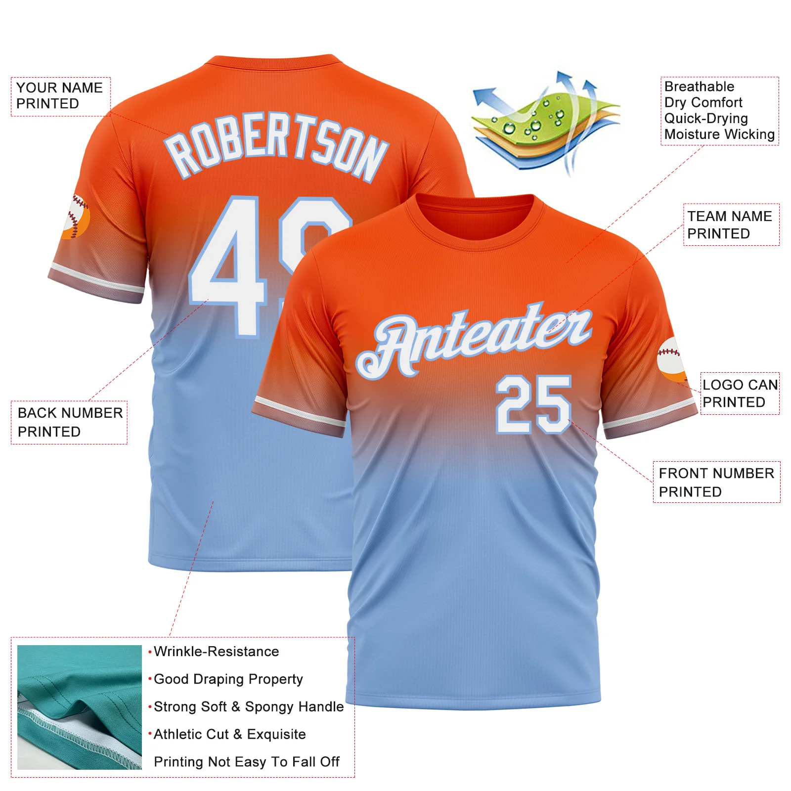 Custom Orange White-Light Blue Fade Fashion Performance T-Shirt - Image 3
