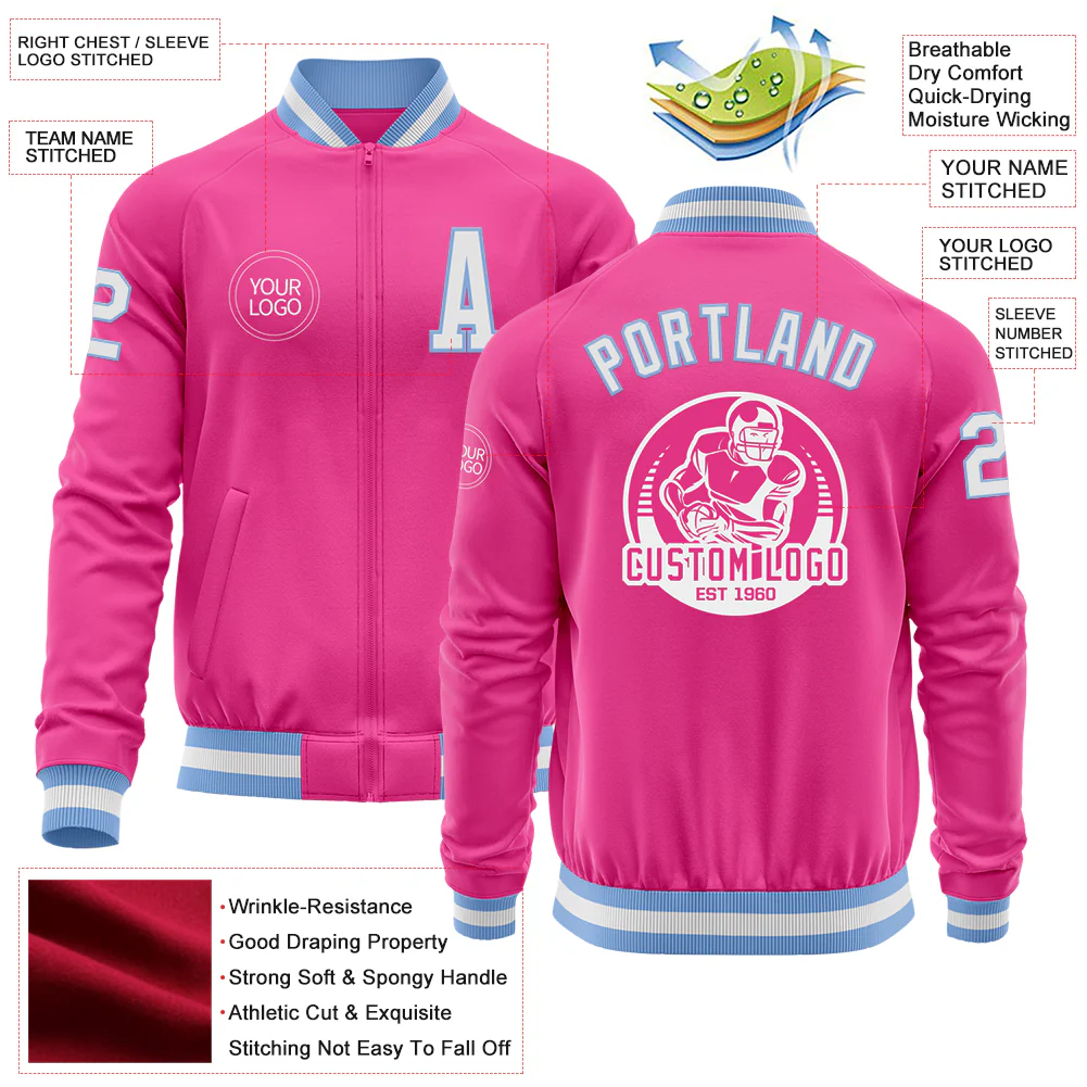 Custom Pink White-Light Blue Bomber Varsity Letterman Zipper Jacket - Image 4
