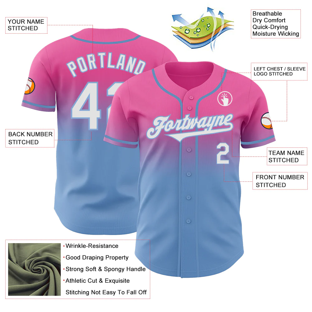 Custom Pink White-Light Blue Authentic Fade Fashion Baseball Jersey - Image 3