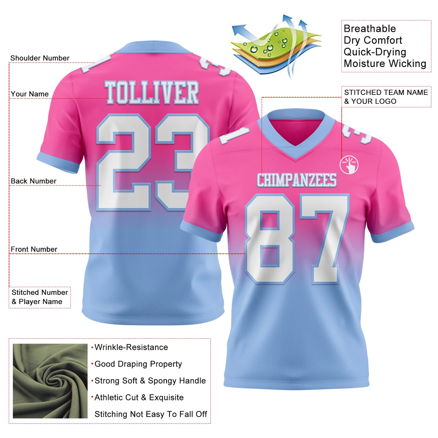 Custom Pink White-Light Blue Authentic Fade Fashion Football Jersey - Image 2