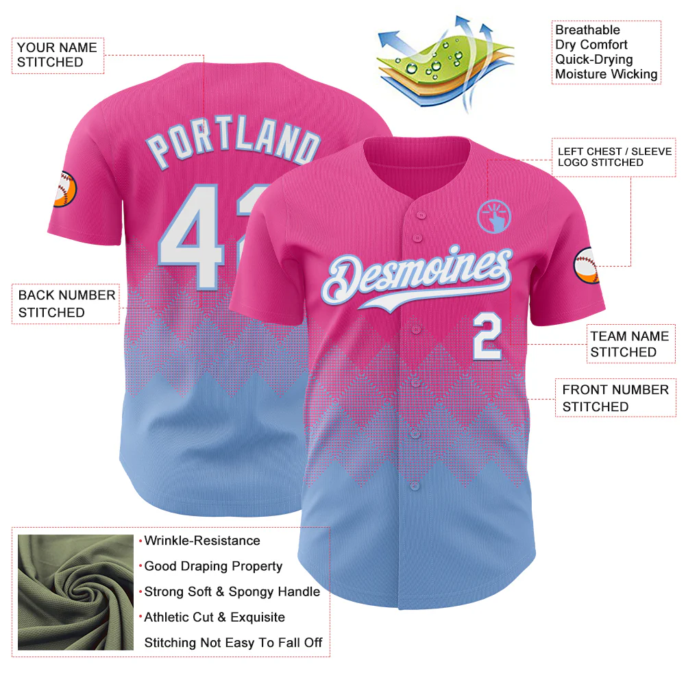 Custom Pink White-Light Blue 3D Gradient Square Shape Authentic Baseball Jersey - Image 3