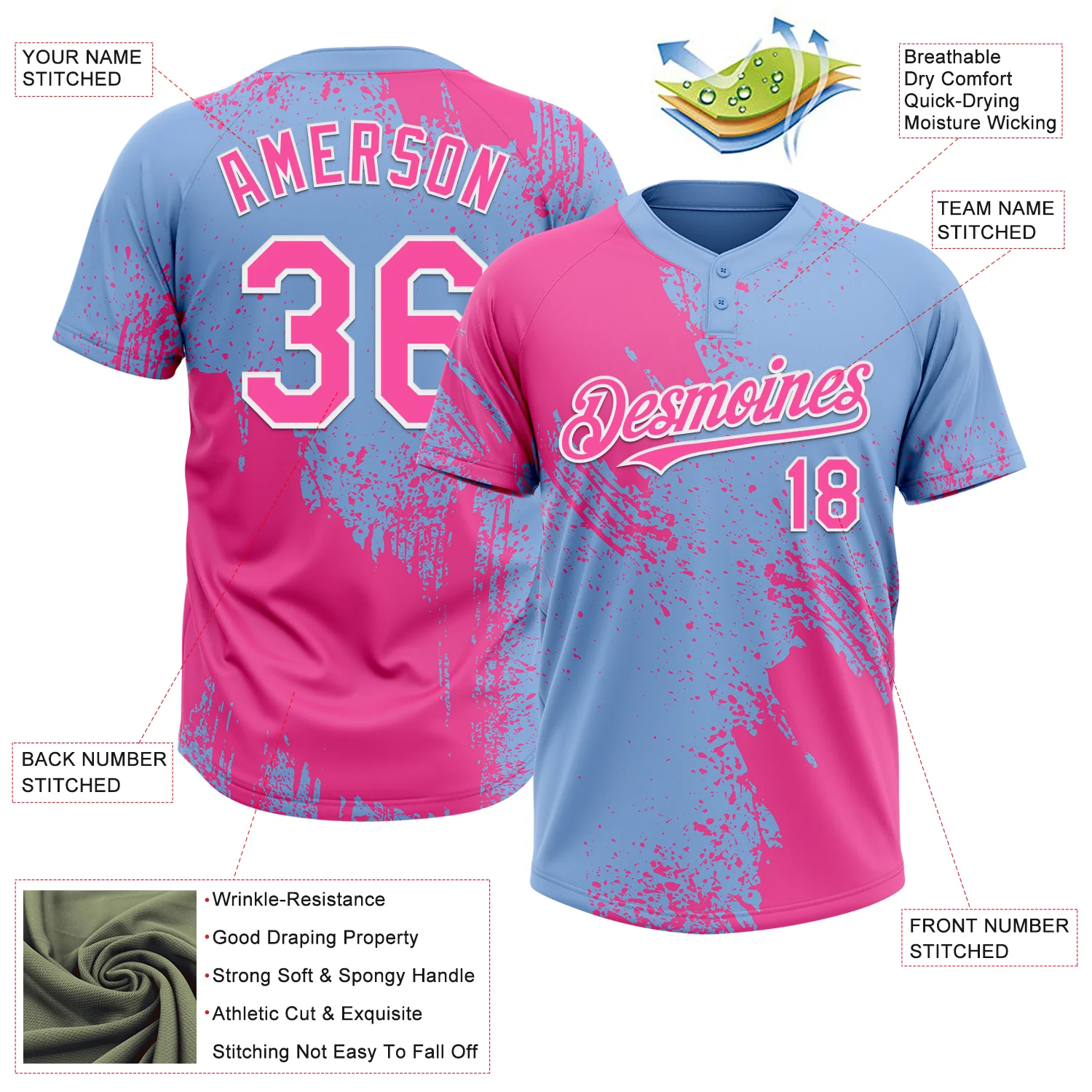 Custom Pink Light Blue-White 3D Pattern Abstract Brush Stroke Two-Button Unisex Softball Jersey - Image 3