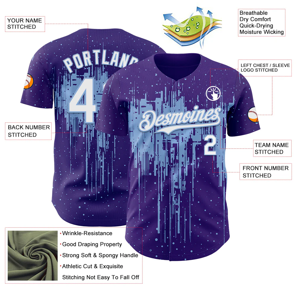Custom Purple White-Light Blue Dripping Splatter Paint Authentic Baseball Jersey - Image 3