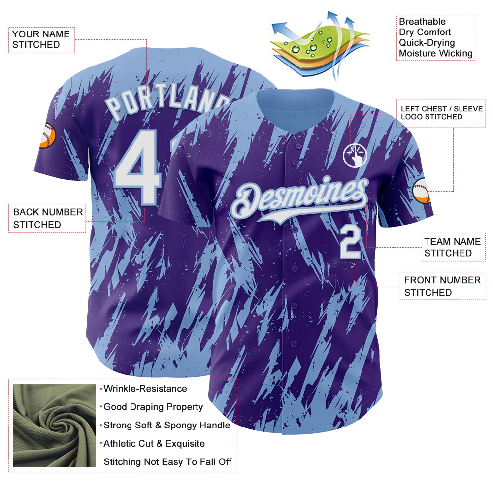 Custom Purple White-Light Blue Splatter Torn Sharp Brush Stroke Authentic Baseball Jersey - Image 3