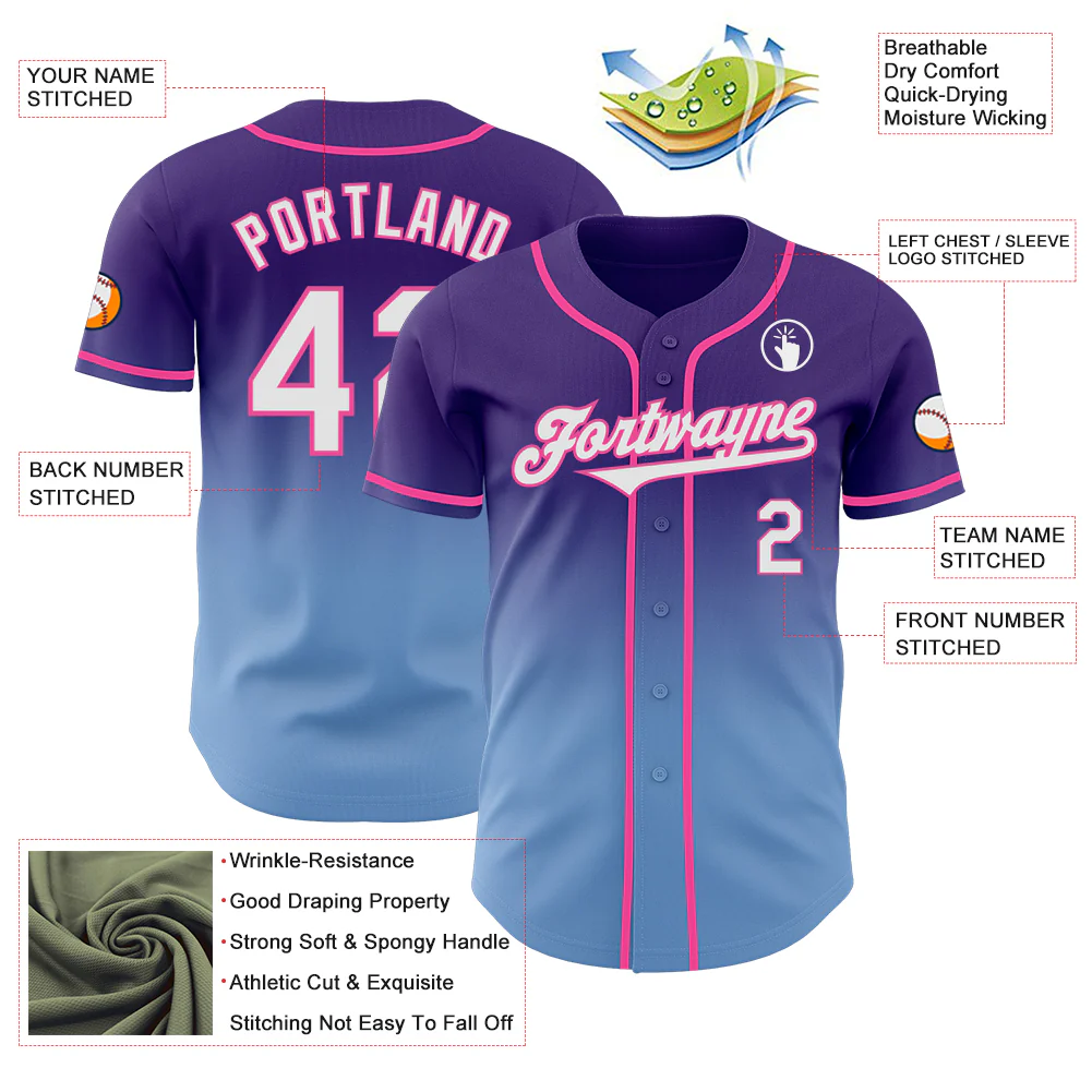Custom Purple White Light Blue-Pink Authentic Fade Fashion Baseball Jersey - Image 3
