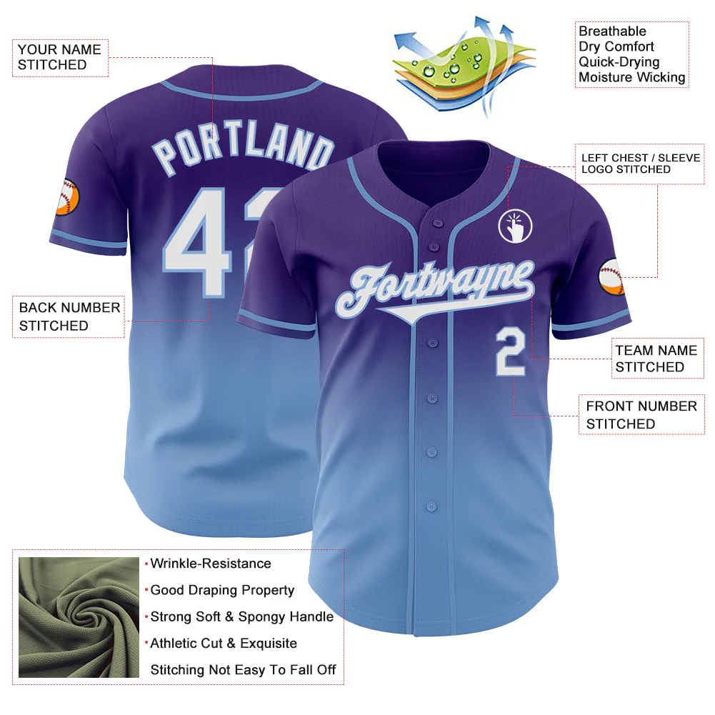 Custom Purple White-Light Blue Authentic Fade Fashion Baseball Jersey - Image 3
