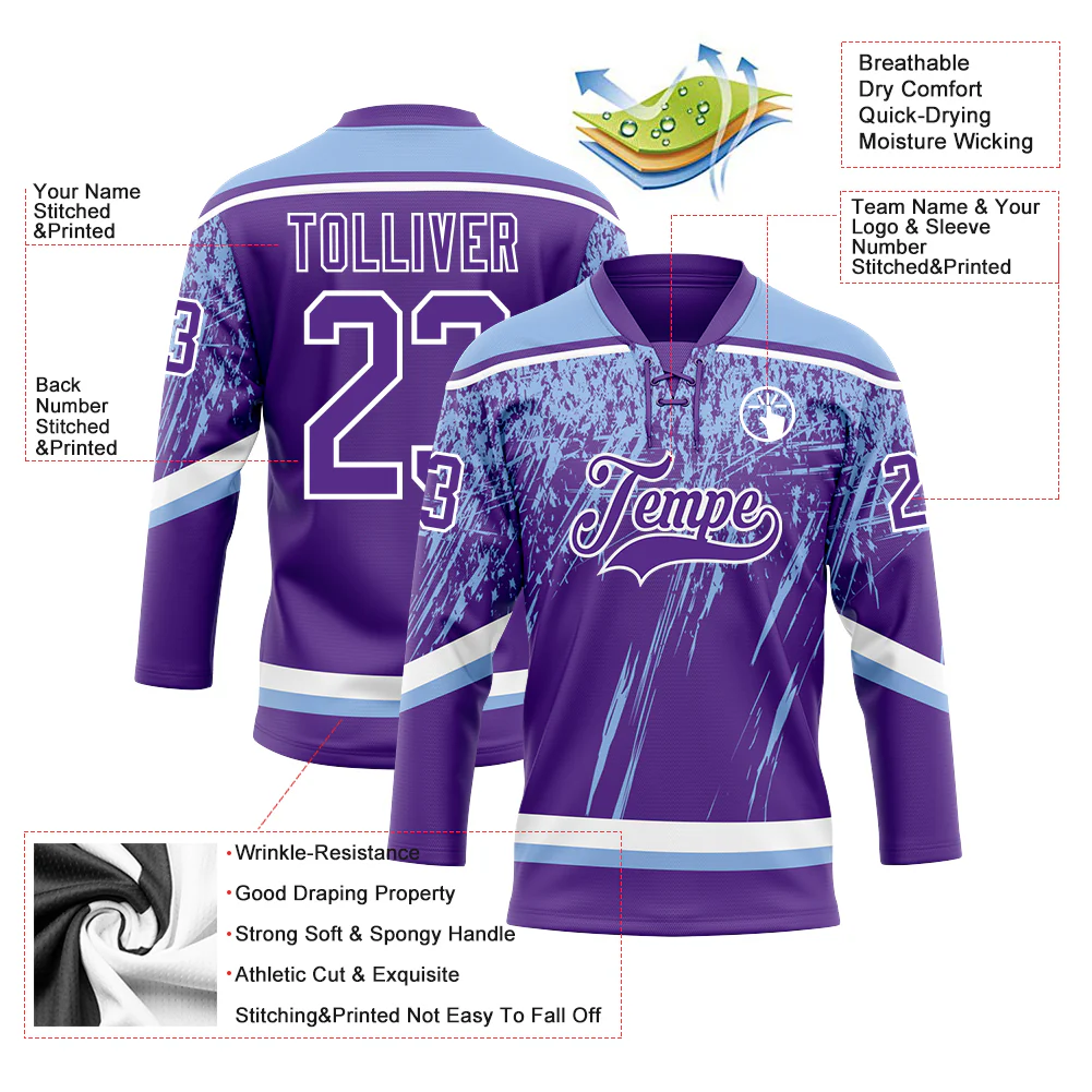 Custom Purple Light Blue-White 3D Splash Hockey Lace Neck Jersey - Image 3