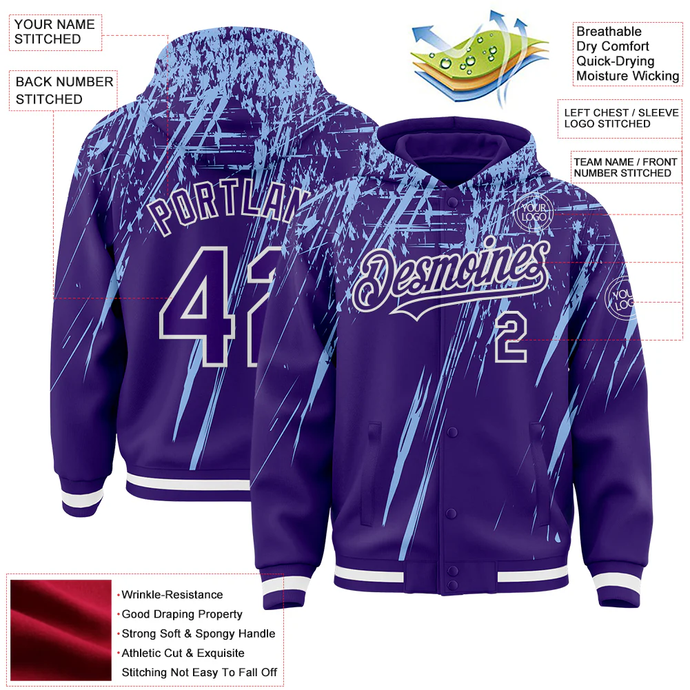 Custom Purple Light Blue-White Splash Bomber Full-Snap Varsity Letterman Hoodie Jacket - Image 4