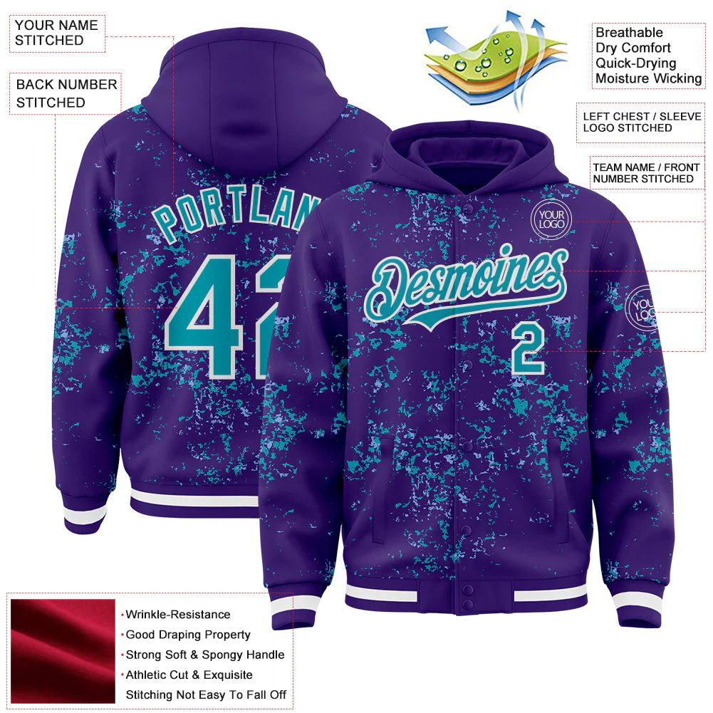 Custom Purple Teal Light Blue-White Fragment Pattern Bomber Full-Snap Varsity Letterman Hoodie Jacket - Image 4