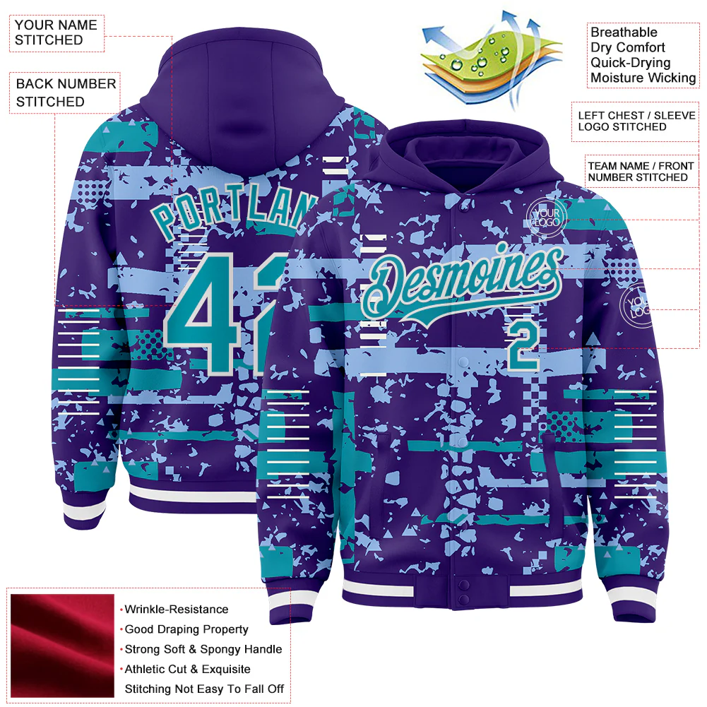 Custom Purple Teal Light Blue-White Abstract Fragment Shape Bomber Full-Snap Varsity Letterman Hoodie Jacket - Image 4