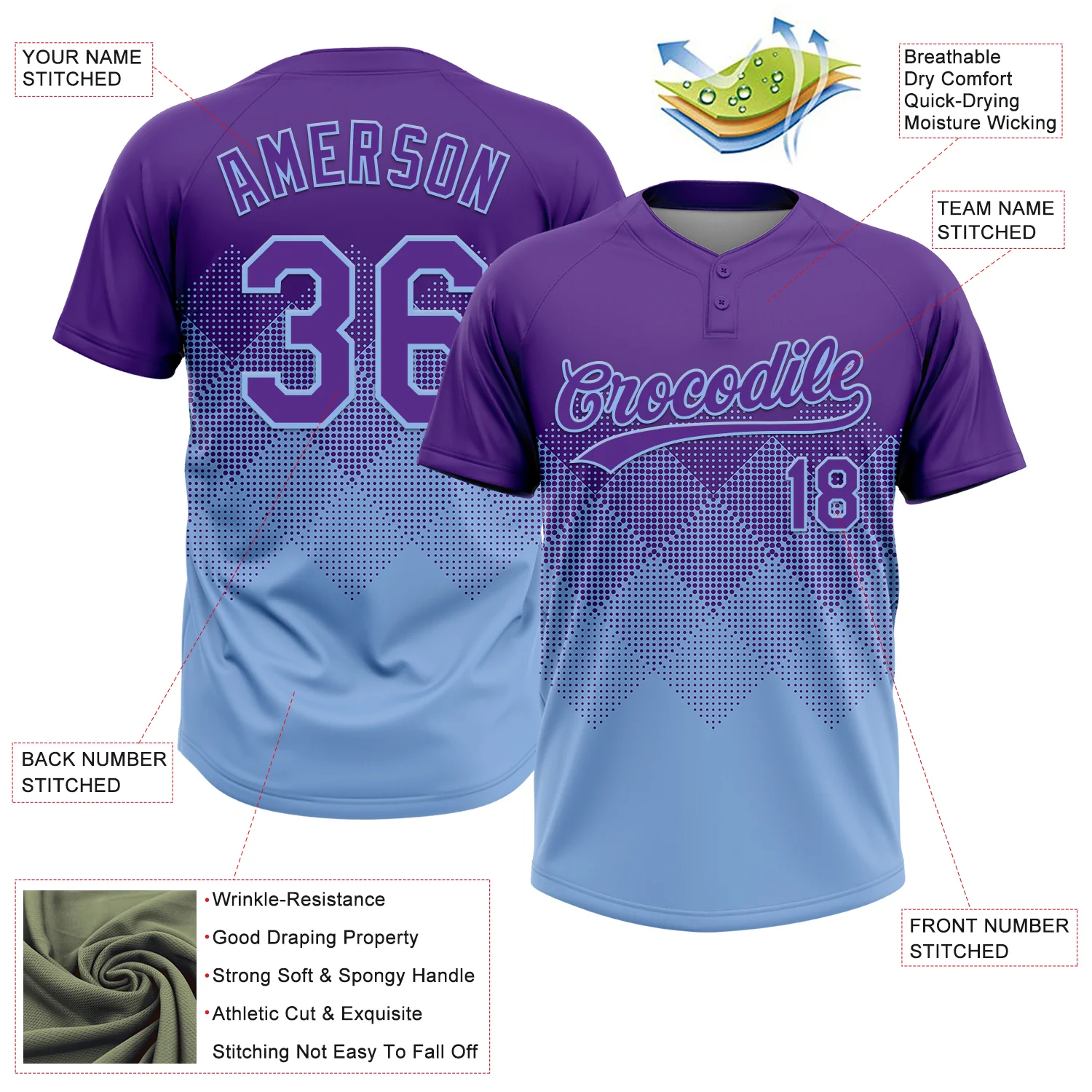 Custom Purple Light Blue 3D Gradient Square Shape Two-Button Unisex Softball Jersey - Image 3