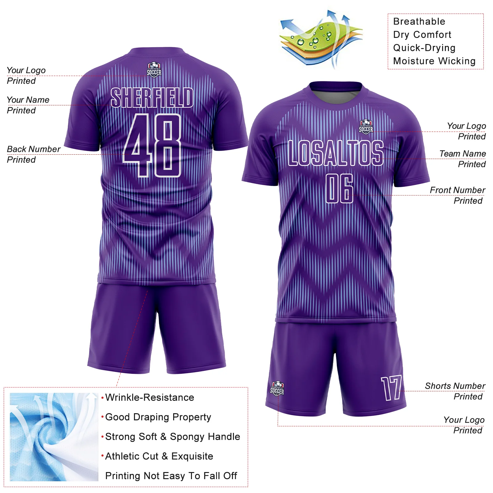 Custom Purple Light Blue-White Line Sublimation Soccer Uniform Jersey - Image 4