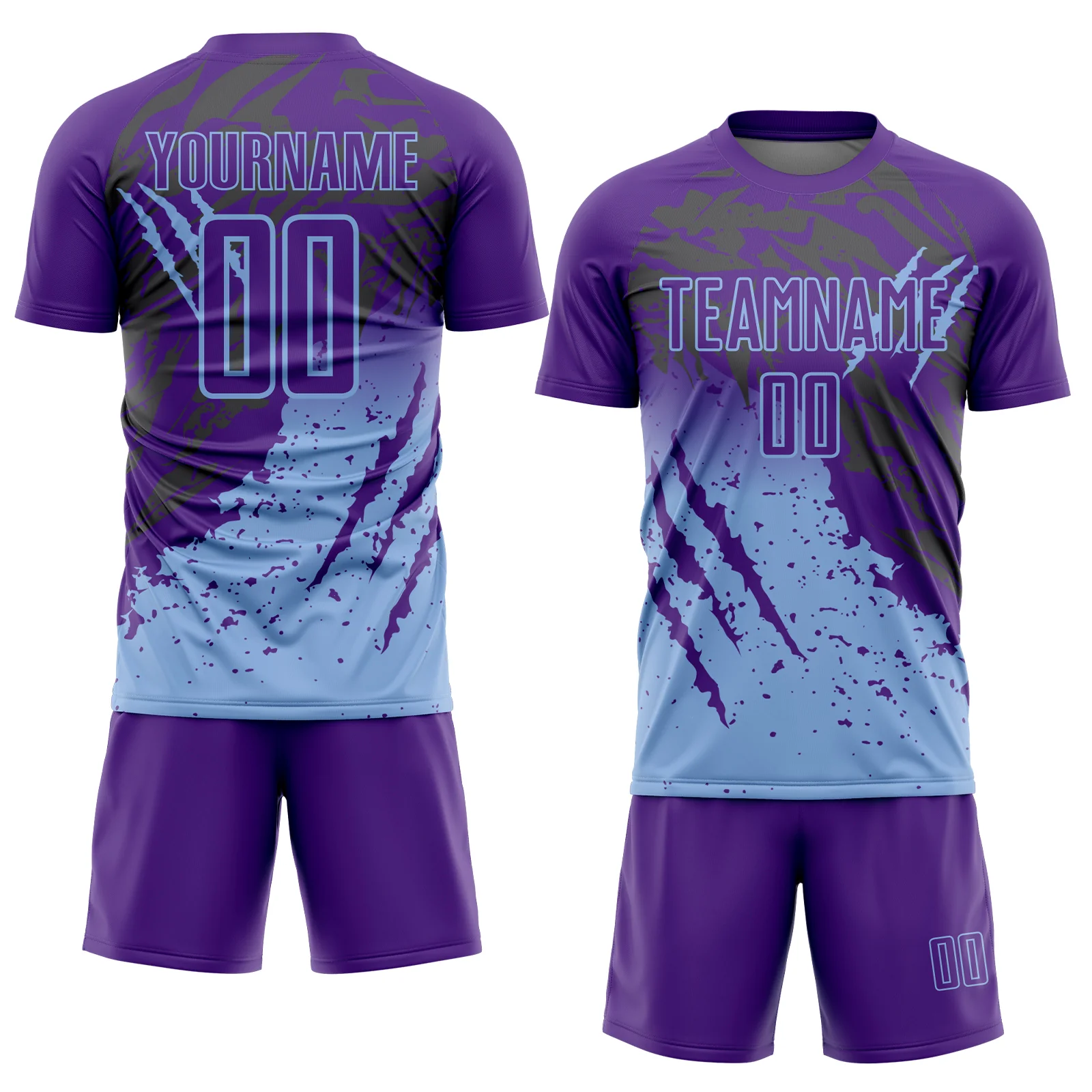 Custom Purple Light Blue Gradient Claw Mark Splatter Sports Sublimation Soccer Uniform Jersey - Image 2