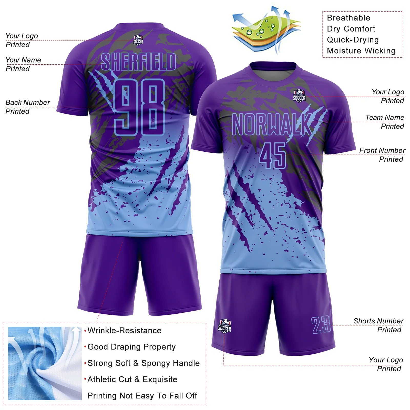 Custom Purple Light Blue Gradient Claw Mark Splatter Sports Sublimation Soccer Uniform Jersey - Image 4