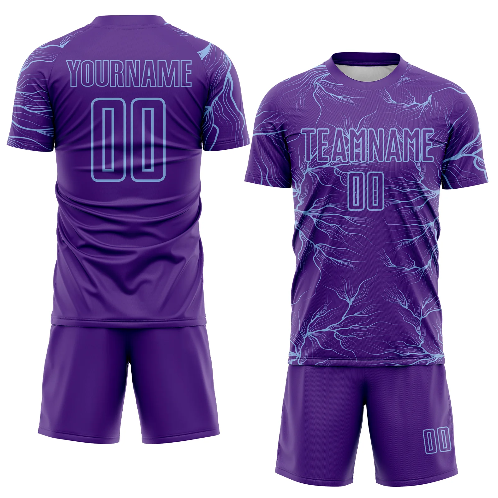Custom Purple Light Blue Lightning Electric Veins Sublimation Soccer Uniform Jersey - Image 2