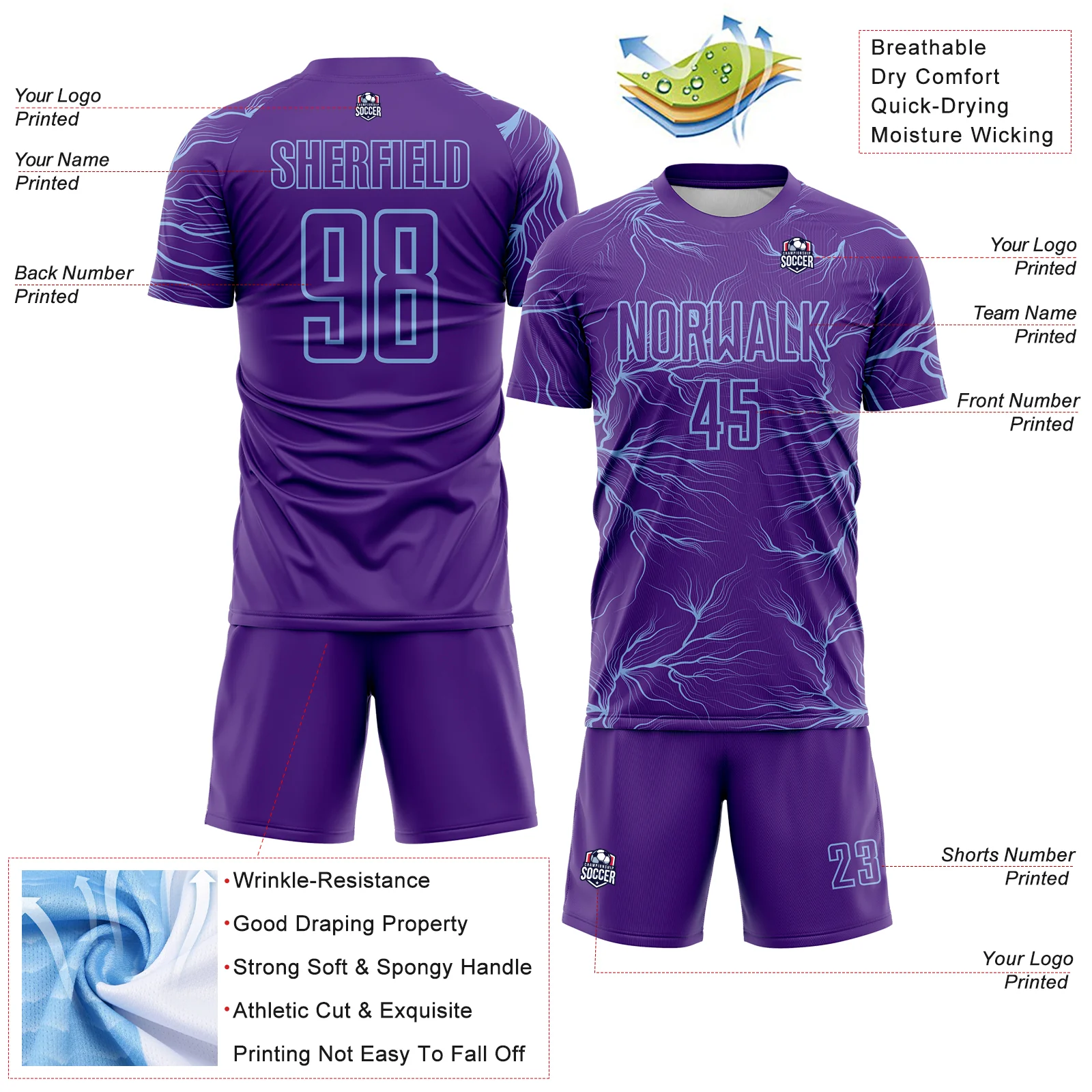 Custom Purple Light Blue Lightning Electric Veins Sublimation Soccer Uniform Jersey - Image 4