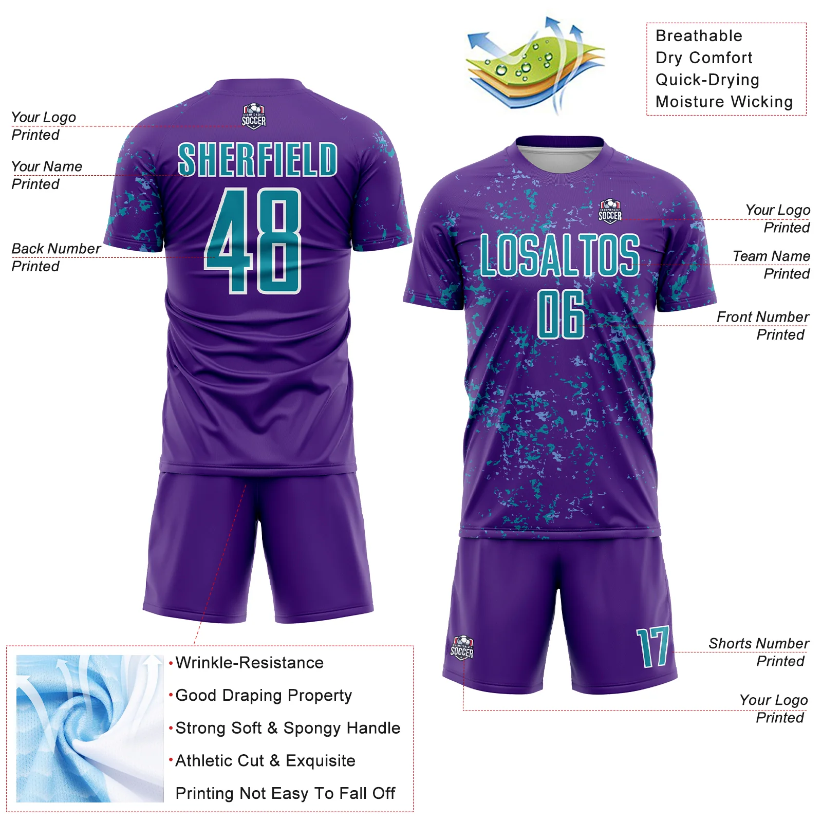 Custom Purple Teal-Light Blue Abstract Fragment Art Sublimation Soccer Uniform Jersey - Image 4
