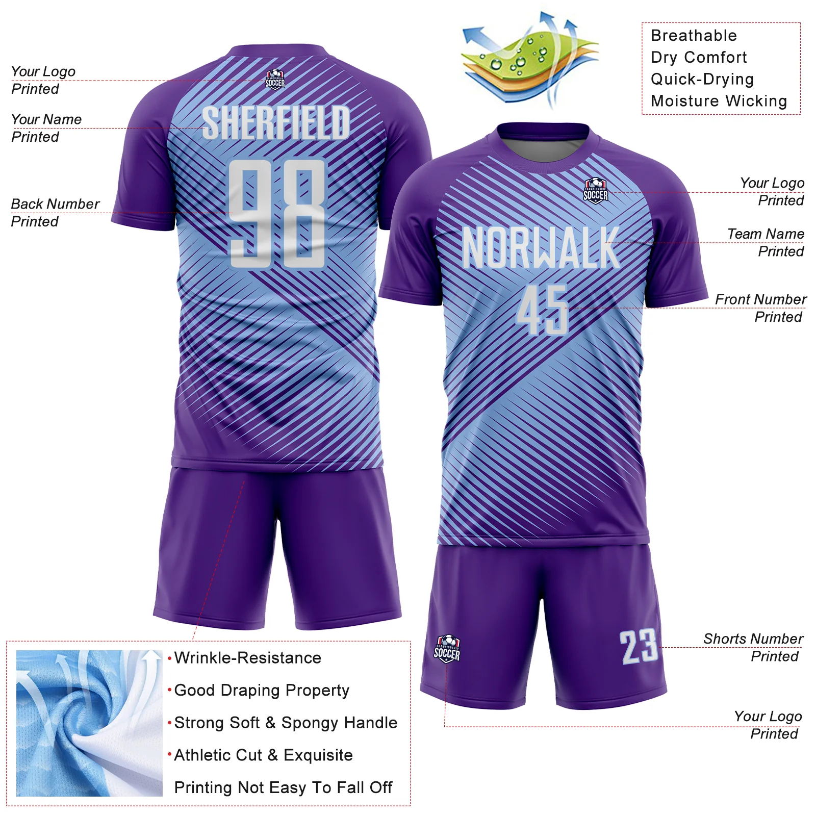 Custom Purple White-Light Blue Line Sublimation Soccer Uniform Jersey - Image 4