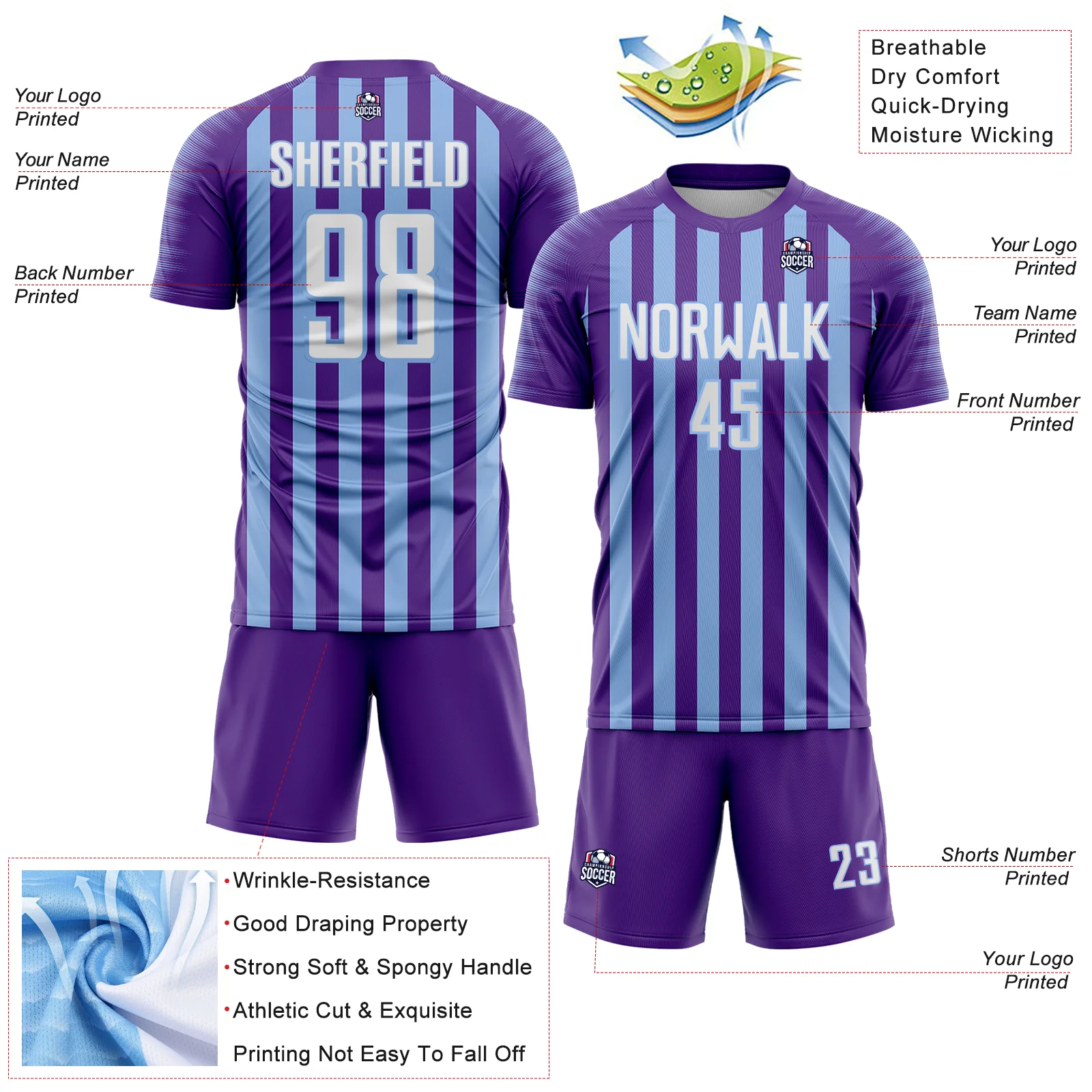 Custom Purple White-Light Blue Stripe Sports Sublimation Soccer Uniform Jersey - Image 4