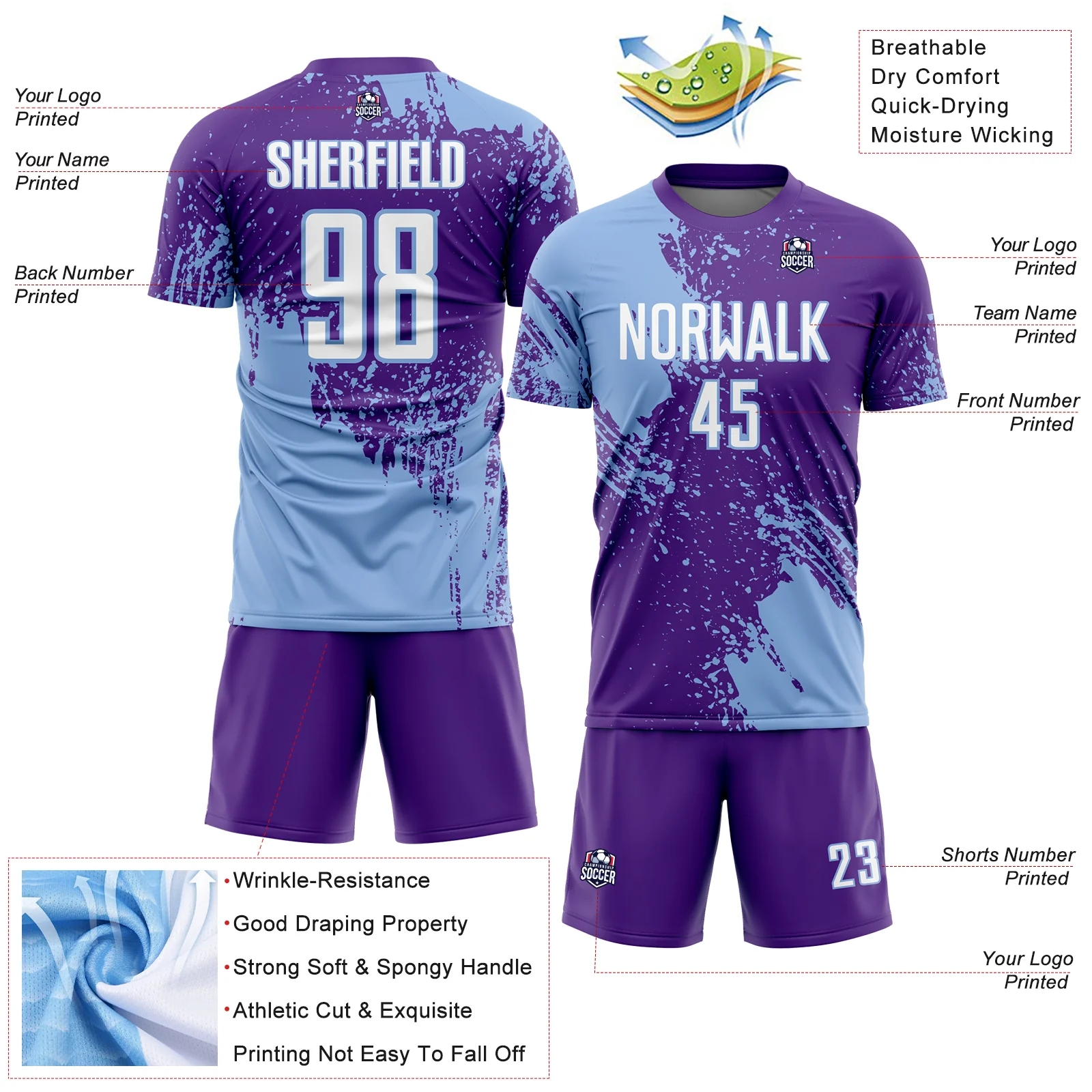 Custom Purple White-Light Blue Abstract Brush Stroke Sports Sublimation Soccer Uniform Jersey - Image 4