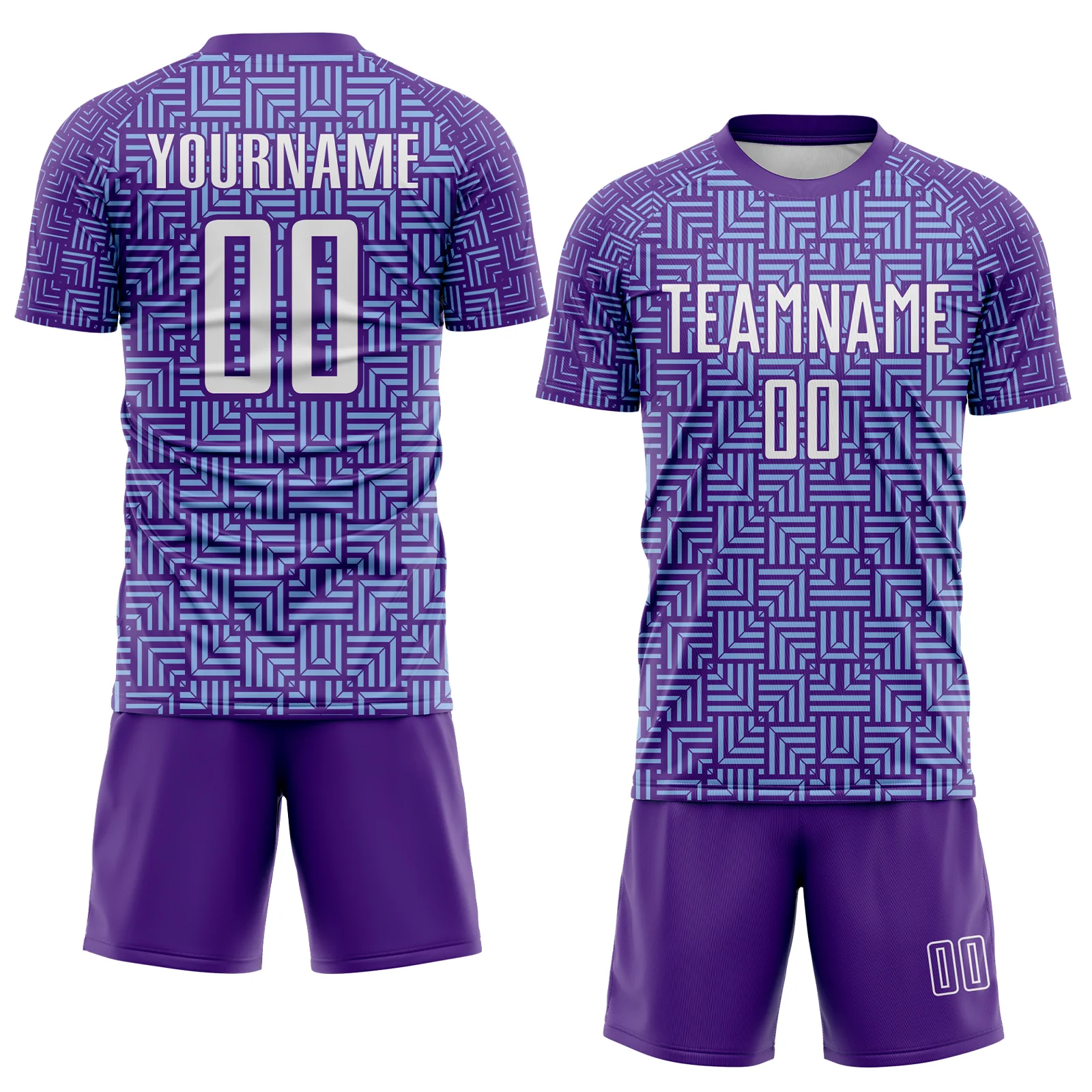 Custom Purple White-Light Blue Geometric Maze Interlocking Square Sports Sublimation Soccer Uniform Jersey - Image 2