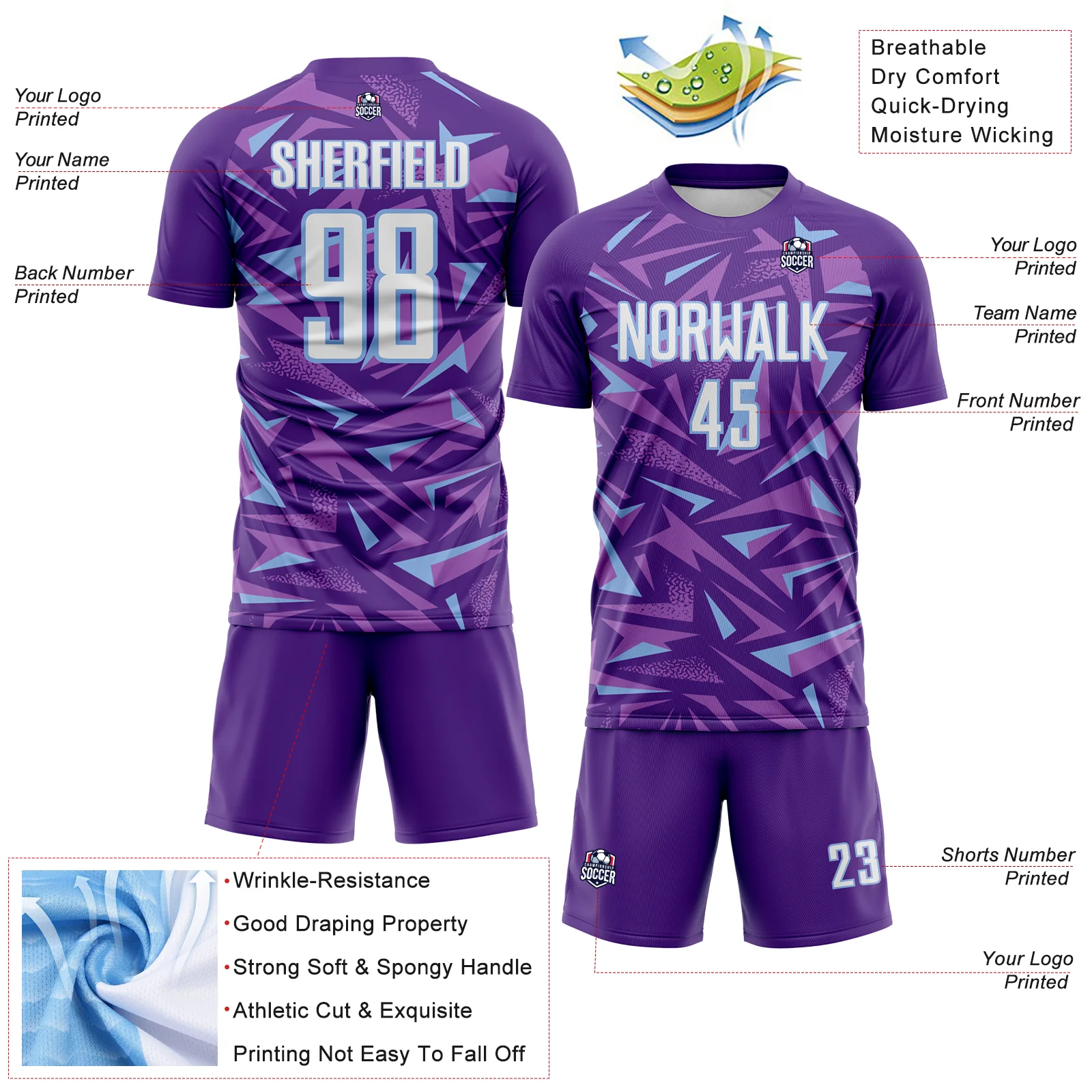 Custom Purple White Light Blue-Medium Purple Cyber Mecha E-sport Geometric Shards Spike Sublimation Soccer Uniform Jersey - Image 4