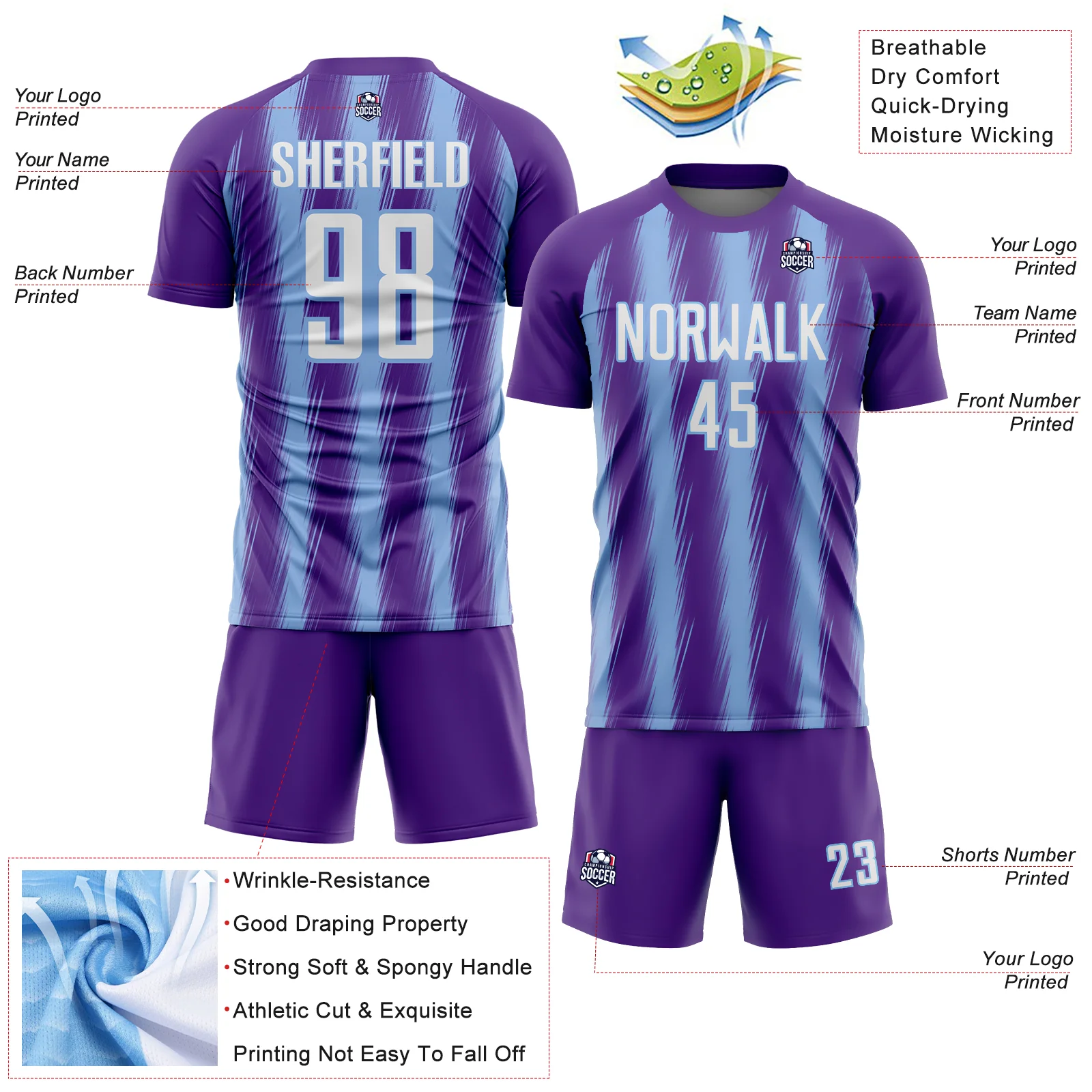 Custom Purple White-Light Blue Vertical Brush Stroke Stripes Sublimation Soccer Uniform Jersey - Image 4