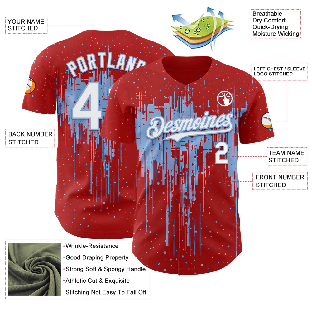 Custom Red White-Light Blue Dripping Splatter Paint Authentic Baseball Jersey - Image 3
