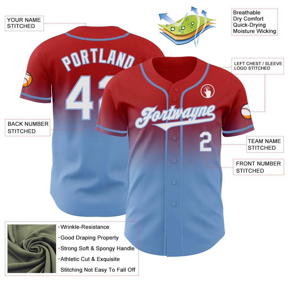 Custom Red White-Light Blue Authentic Fade Fashion Baseball Jersey - Image 3