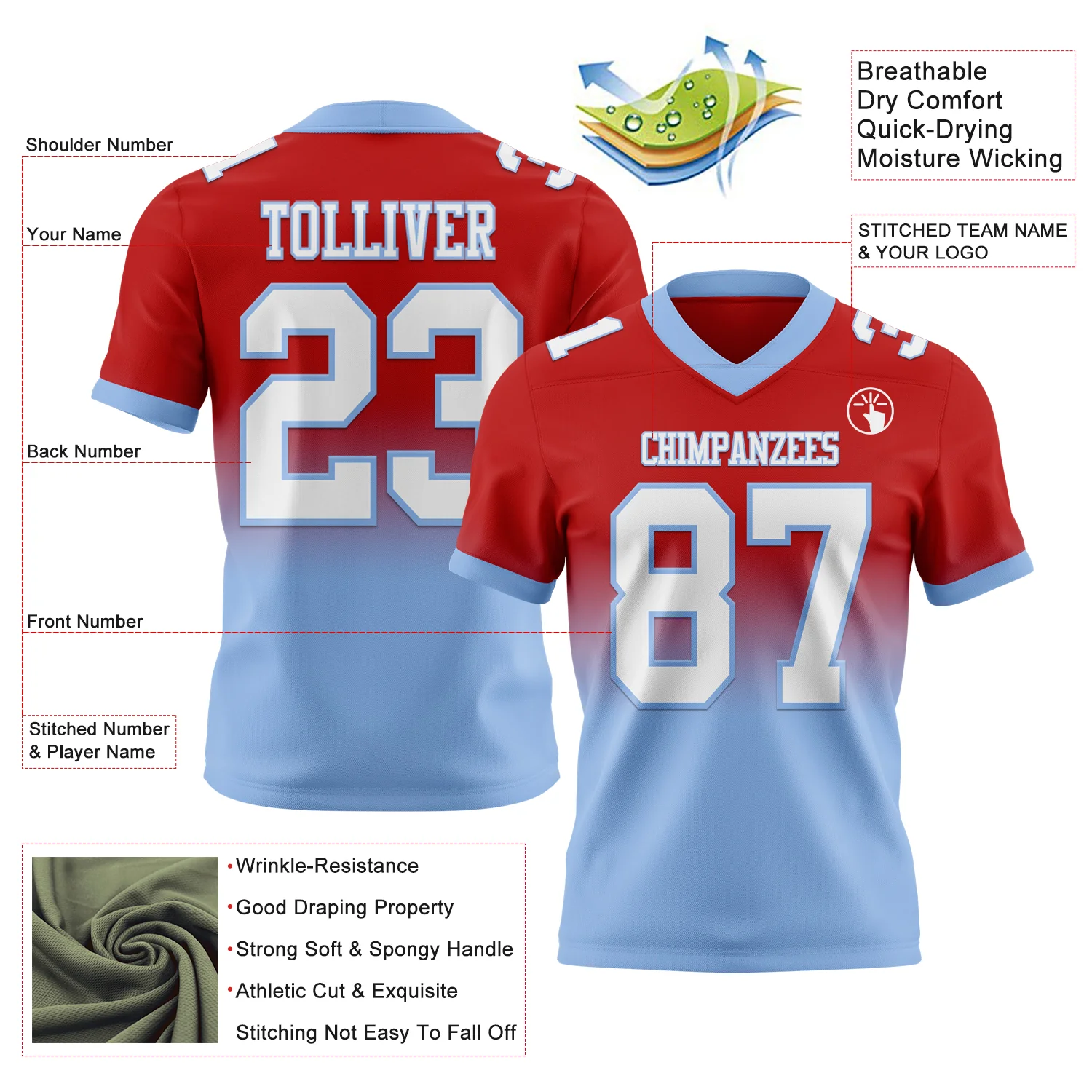 Custom Red White-Light Blue Authentic Fade Fashion Football Jersey - Image 2