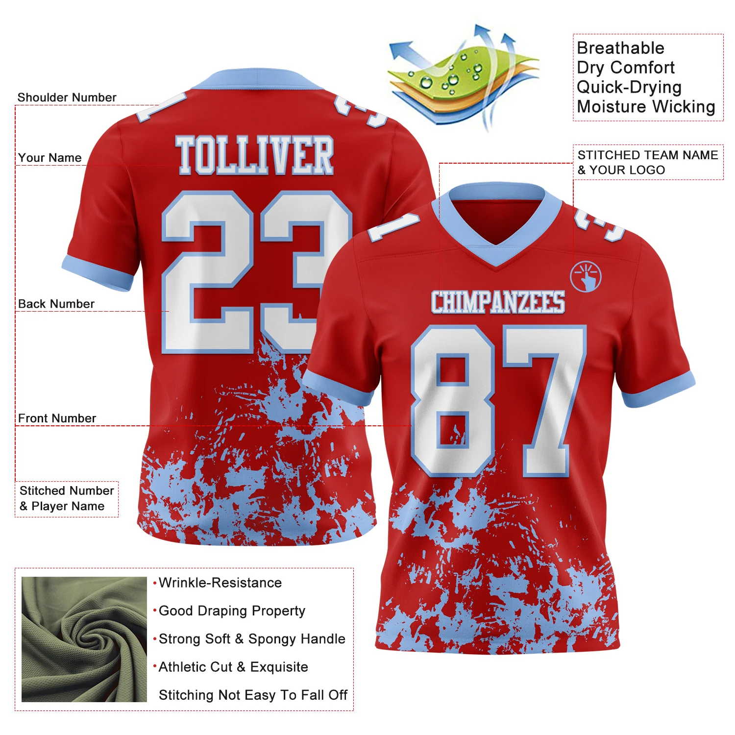 Custom Red White-Light Blue 3D Pattern Splash Authentic Football Jersey - Image 2