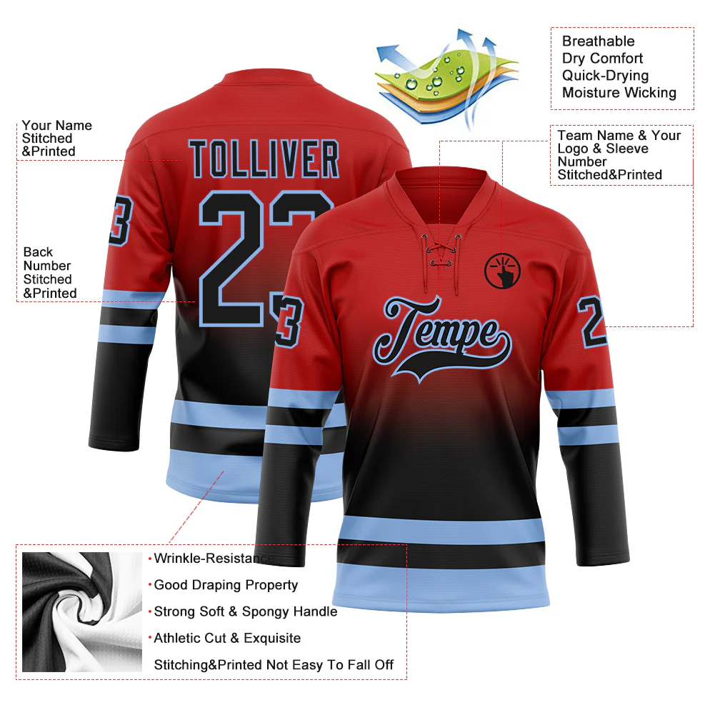 Custom Red Black-Light Blue Fade Fashion Hockey Lace Neck Jersey - Image 5