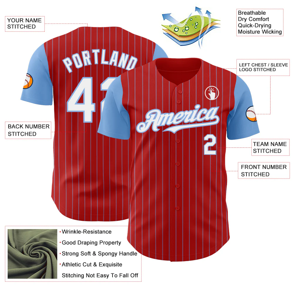 Custom Red Light Blue Pinstripe White Authentic Two Tone Baseball Jersey - Image 3