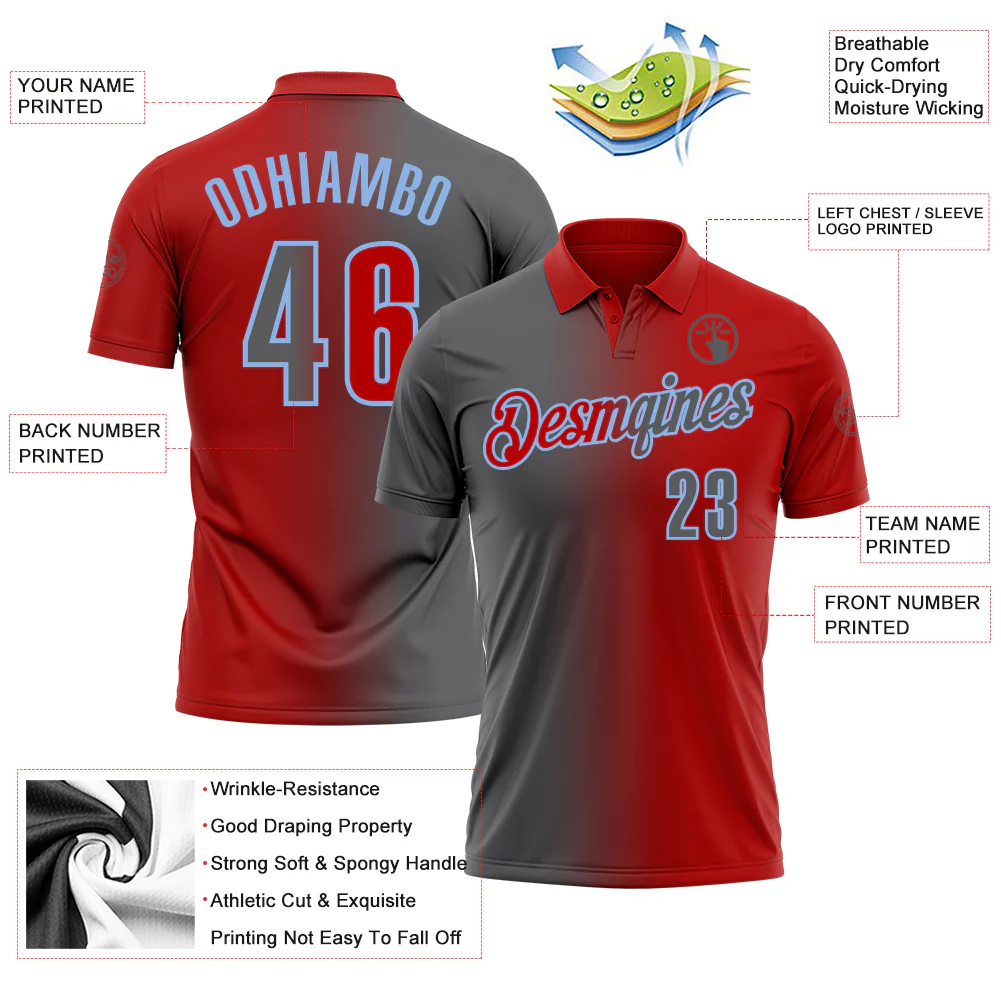 Custom Red Steel Gray-Light Blue 3D Gradient Fashion Performance Polo Shirt - Image 3